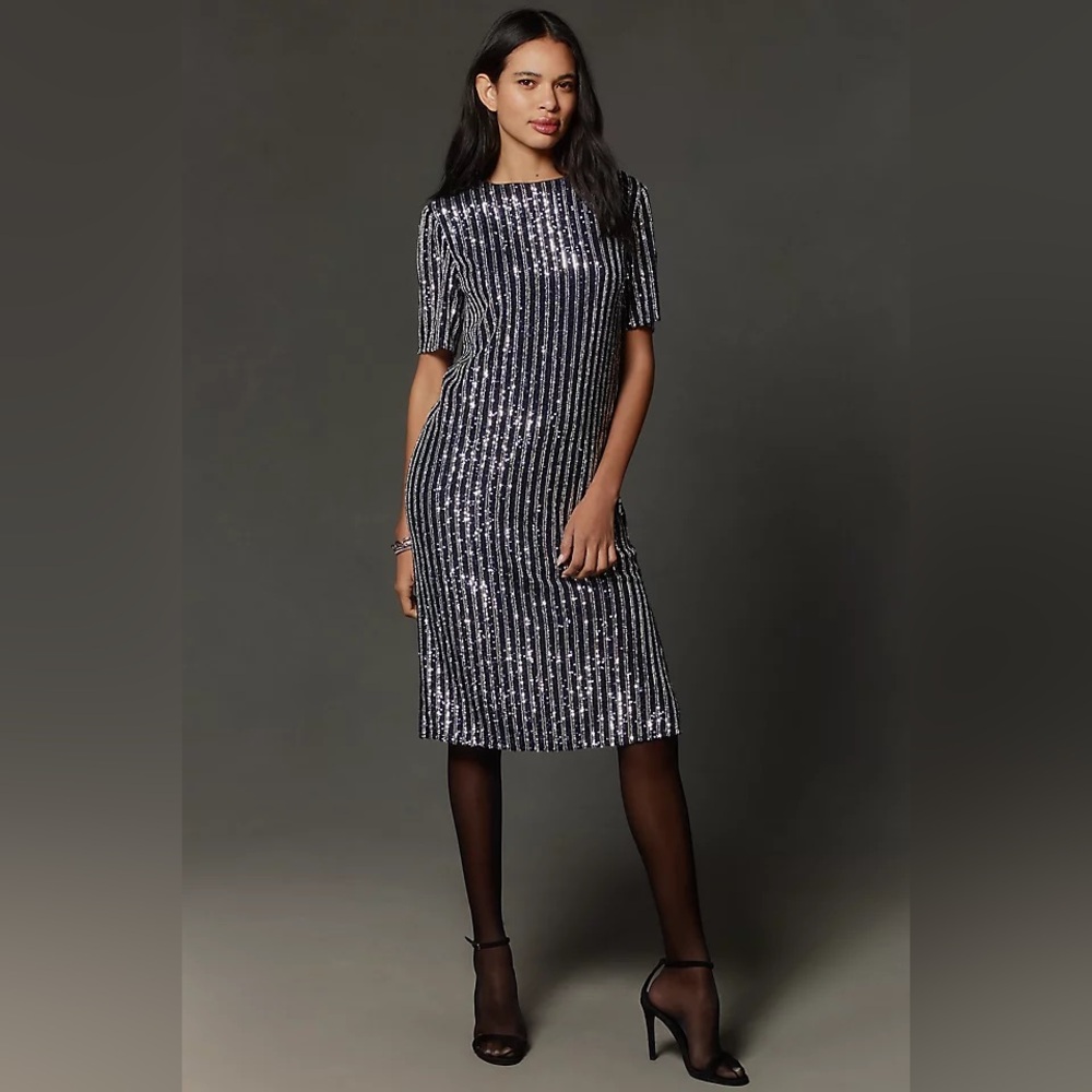 Sequined Stripe Midi Dress in Silver and Black